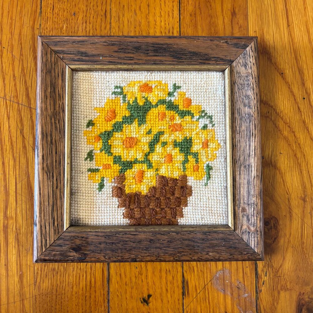 Vintage 70s Sunset Designs Framed Needlepoint Yellow Flower Basket Wall Art